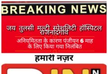 जय तुलसी मल्टी स्पेशलिटी हॉस्पिटल राजनांदगांव का आयुष्मान भारत प्रधानमंत्री जन आरोग्य योजना शहीद वीर नारायण सिंह आयुष्मान स्वास्थ्य योजना अंतर्गत कमियों एवं अन्य अनियमितता के कारण पंजीयन 6 माह के लिए किया गया निलंबित